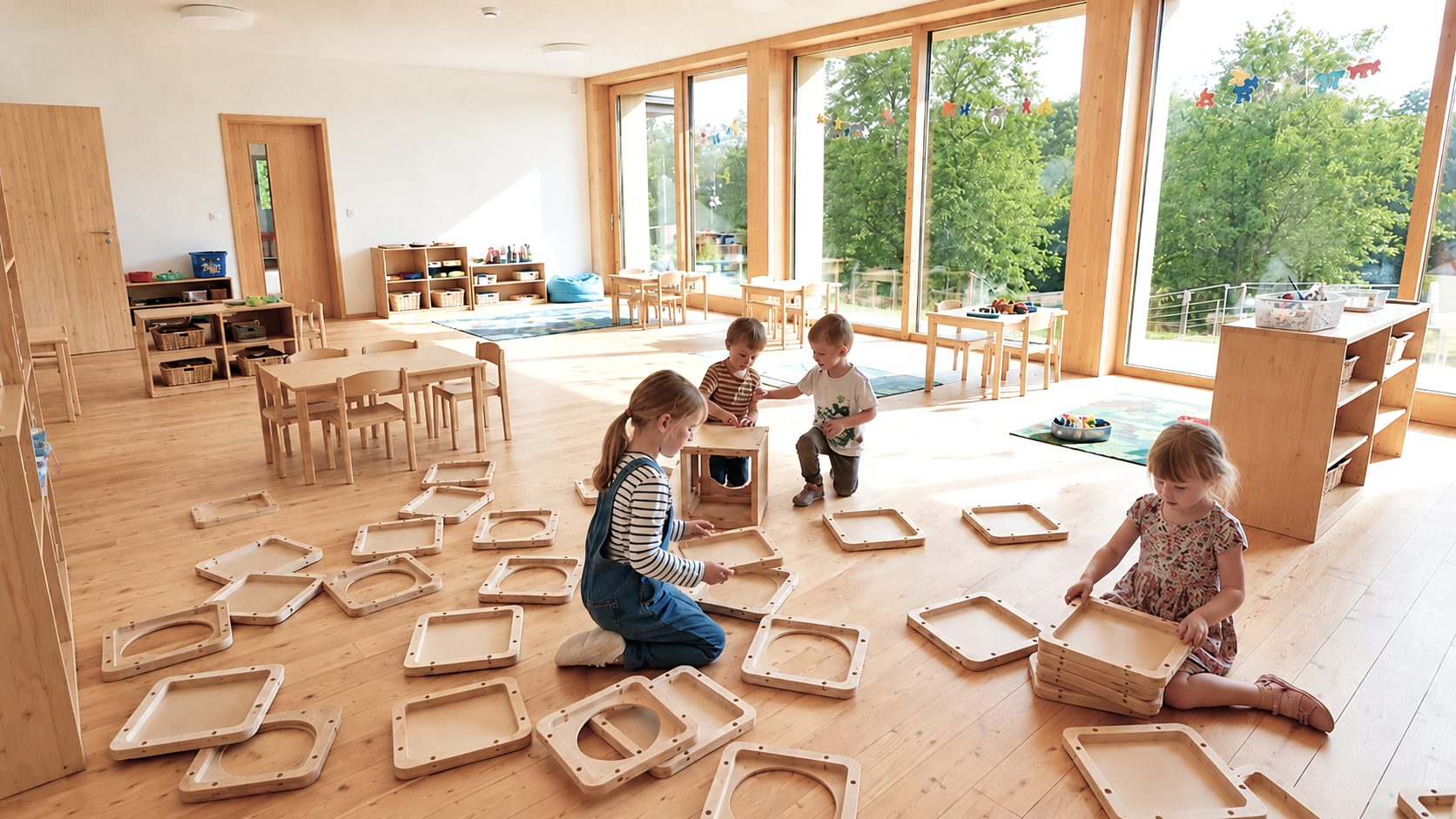 Kinder bauen im Gruppenraum mit dem LOCI-Konstruktionsbausatz